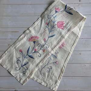 Vintage Hand Embroidered Floral Small Table Runner Swedish Blekingsom Blue Pink